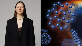 Left: person wearing a black jacket and pearl necklace. Right: molecular structure illustration against a cosmic background.