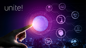 Finger touches glowing purple sphere linking tech icons above a city skyline, with the word “unite!”