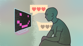 Person sits by a glowing screen with pixel smile and floating heart chat bubbles between them