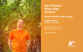 Blurred man in orange shirt in green forest beside orange Aalto seminar poster on solar energy.