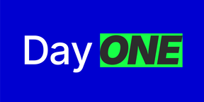 Text graphic: white word “Day” and bold “ONE” on green block, on a bright blue background
