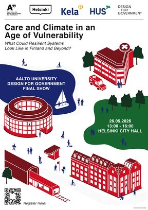 Event poster for Aalto University’s Design for Government final show with red buildings and people icons