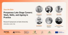 Symposium banner on late-stage careers with six speakers and project partner logos.