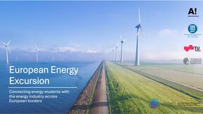 Affisch för European Energy Excursion med kustvindkraftverk, grön vallväg och flera universitetslogotyper.