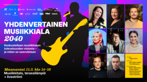 Tapahtumajuliste, jossa kitarasiluettti, tekstiä ja puhujapotretteja musiikkialalta