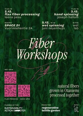 Green poster for Fiber Workshops with flax, hand and wet spinning details, pink script and QR codes.