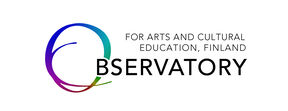 Logo with a rainbow circle and text: Observatory for Arts and Cultural Education, Finland