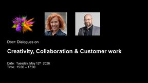 Doc+ Dialogues poster: event on creativity, collaboration and customer work, 12 May 2026, 15:00–17:00.