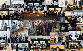 Collage of workshops, group photos and presentations from the first year of the Aalto Inventors programme.