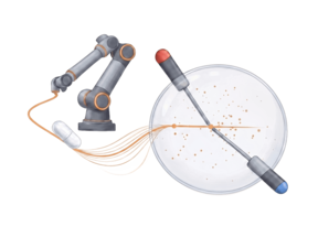 Artistic illustration of magnetic robotic manipulation across micro to meso scales.