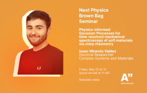 Orange seminar poster with blurred speaker photo and white text about a physics brown bag talk at Aalto University.