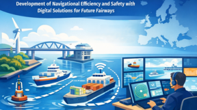 Harbour with cargo and passenger ships, digital control centre screens and wind turbine, Europe map in background