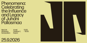 Yellow poster for Phenomena: Juhani Pallasmaa symposium, text left, bold black abstract shapes right