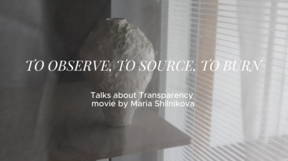 Poster with rough white vase, blinds and text: To Observe, To Source, To Burn; Talks about Transparency