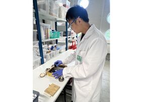 Scientist in white coat and gloves examining wooden samples at a lab bench with shelves and equipment