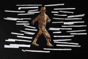 Collage of a person wearing patterned clothes and a hat on black background, surrounded by scattered white text strips in various directions.