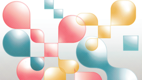 Abstract network-like illustration in which blue, red, and yellow rounded and angular shapes overlap against a light background.