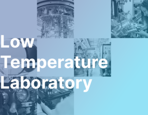 Blue collage of cryogenic lab equipment and staff with bold white text reading Low Temperature Laboratory