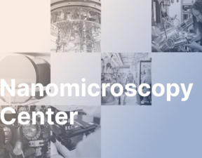 Collage of nanomicroscopy lab equipment and scientists with text: Nanomicroscopy Center
