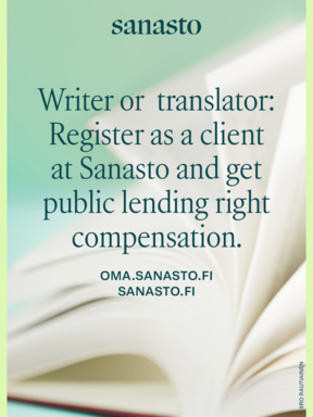 Sanasto advert with open book on green background, inviting writers and translators to register for compensation.