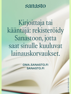 Sanaston mainos vihertävällä taustalla, avoin kirja ja kehotus kirjoittajille ja kääntäjille rekisteröityä.