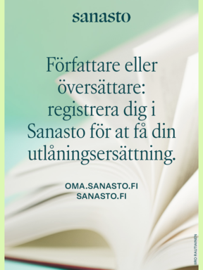 Sanasto-affisch med öppen vit bok mot grön bakgrund, uppmanar författare och översättare att registrera sig.