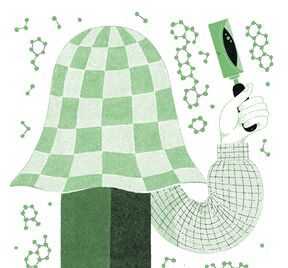 Green and white figure with checkered cloak and arm holds a magnifying glass amid floating molecular diagrams