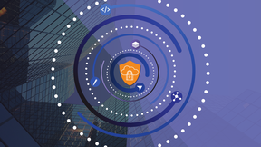 Illustration featuring a cloud and padlock at the center, surrounded by abstract technology icons and circular data patterns 
