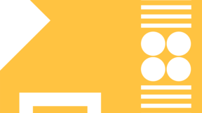 Yellow background with white circles and horizontal bars on the right side.