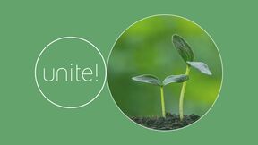 Two small green sprouts in soil beside the word “unite!” on a green background