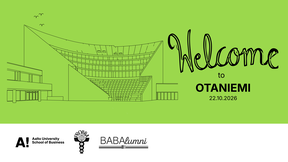The banner for the 'Welcome to Otaniemi' event, featuring the silhouette of the former Mikkeli campus building of the IB programme and the silhouette of the amphitheatre on the Otaniemi campus. Additionally, below the image are the logos of the School of Business, Probba, and BABAlumni.
