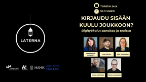 laterna webinaarin mainoskuva, jossa puhujat ja korkeakoulujen, rahoittajan ja laternan logo