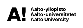 Black Aalto University logo: bold A and exclamation mark with name in three languages on grey checkerboard