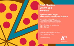Poster for physics seminar on quantum science, text on pink beside stylised yellow and red pizza graphic