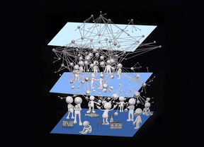 Drawing of three stacked blue planes joined by a network of gray spheres and rods, with small gray figures talking among the shapes.