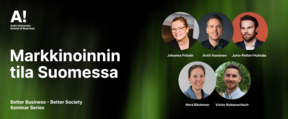 Seminaarijuliste: Markkinoinnin tila Suomessa, Aalto-yliopiston logo ja viisi puhujamuotokuvaa vihreällä taustalla