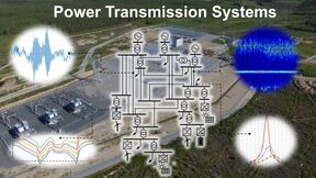 Substation aerial view with power transmission diagram and wave graphs overlaid