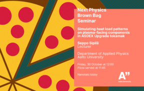 Poster for Aalto physics seminar with abstract pizza slice background and event details on orange panel