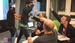 Aalto Design Factory team feeling happy. In Rat Relay a new way of learning is tested by circulating product and service design projects between the multidisciplinary teams in different countries in a 48-hour relay.