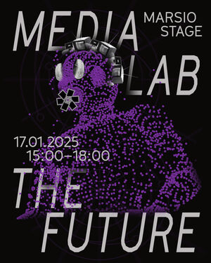 Poster for a 'Media Lab' event 'The Future' on 17 January 2025, 15:00-18:00 at Marsio Stage, featuring a pixelated humanoid figure.