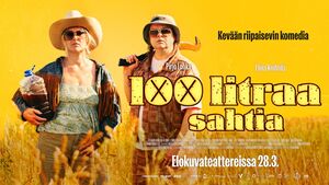Movie poster for '100 Litraa Sahtia' showing two characters in a field with yellow background. Released on 28 March.