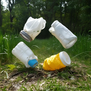 Four discarded plastic containers in a grassy area with trees in the background