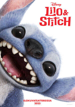 Close-up of Stitch from Disney's Lilo & Stitch, showing his blue fur, black eyes, and large teeth. Release date: 2025.