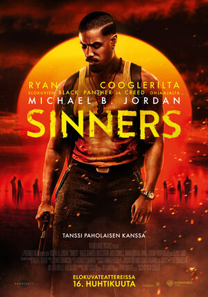 Elokuvajuliste, jossa 'Sinners' ja Michael B. Jordan tulisessa taustassa siluettien kanssa. Julkaistaan 16. huhtikuuta.