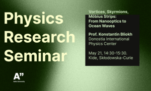 Green poster for Physics Research Seminar with talk by Prof. Konstantin Bliokh at Aalto University, May 21