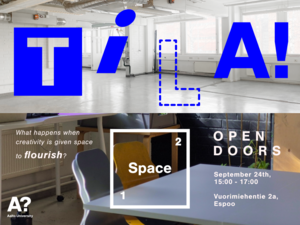 Poster for Aalto University open doors event in modern studios, with bold blue text and date details.
