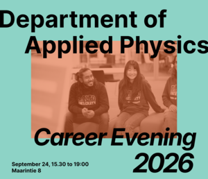 Teal poster for Aalto Applied Physics Career Evening 2026, with three smiling students on an orange-tinted photo
