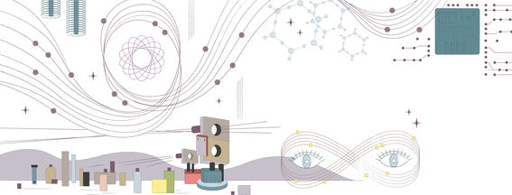 Kuvituskuva symbloloi fotoniikan sovelluskohteita, joita on lähes loputtomasti. Kuvassa on muun muassa ääretön-merkki, josta on tehty silmälasit. Kuvittaja: Jolanda Jokinen.