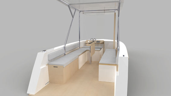 Pinta 1 -työssä veneen sisätilaratkaisut ovat avarat ja vaaleat.