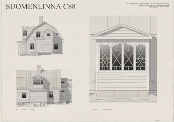Arkkitehtuuripiirroksessa on puutalon julkisivu ja sen yksityiskohtia